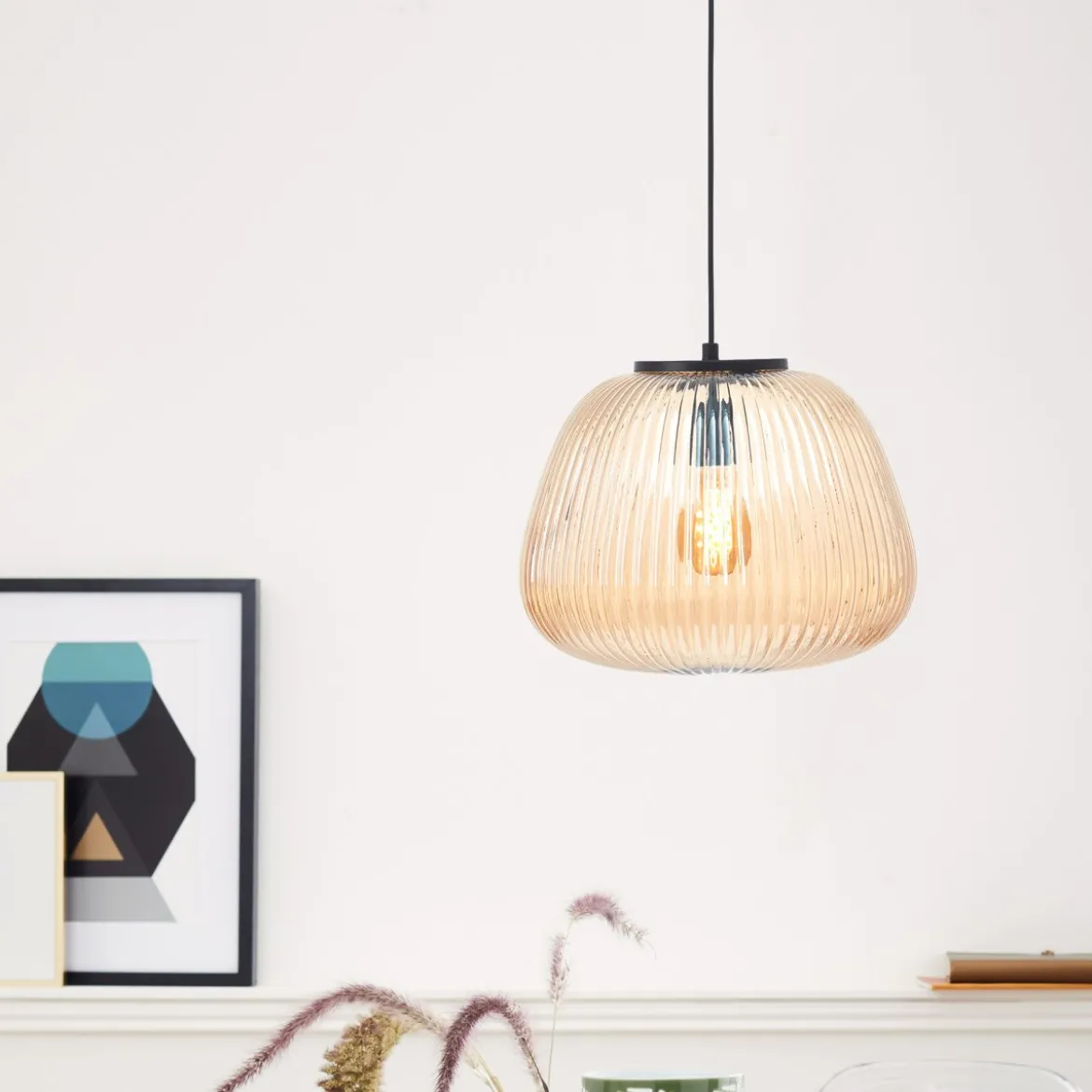 Brilliant Leuchten 80108-86 Pendelleuchte Kaizen 35cm amber-bernstein schwarz