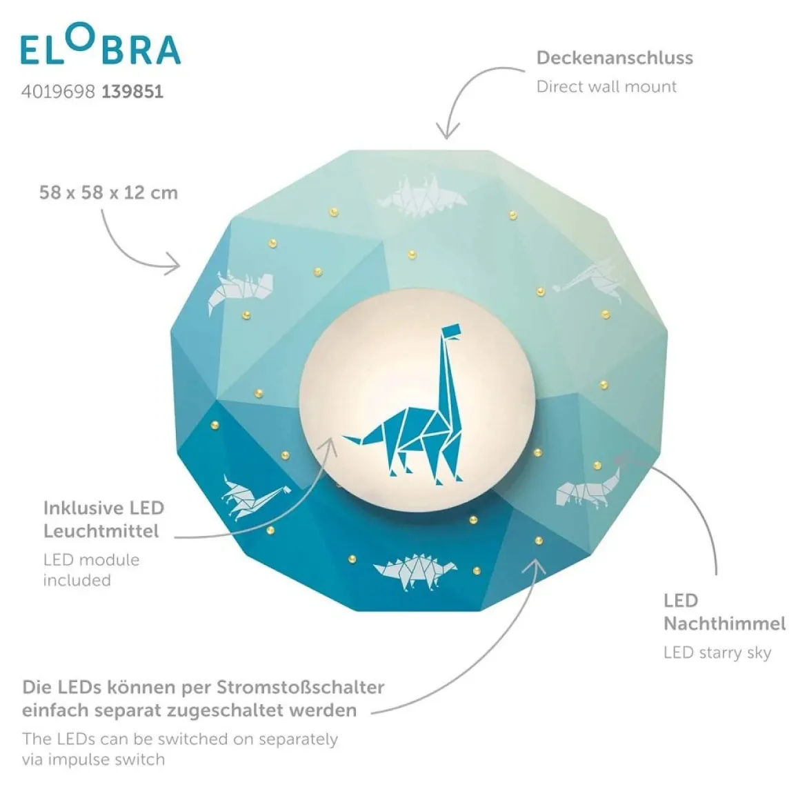 Elobra 139851 LED Deckenleuchte Dinopoly blau 3000K