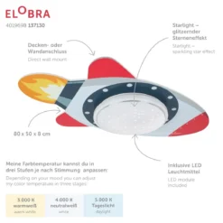 Elobra 137130 LED Deckenleuchte Rakete Starlight grau rot 3000-5000K