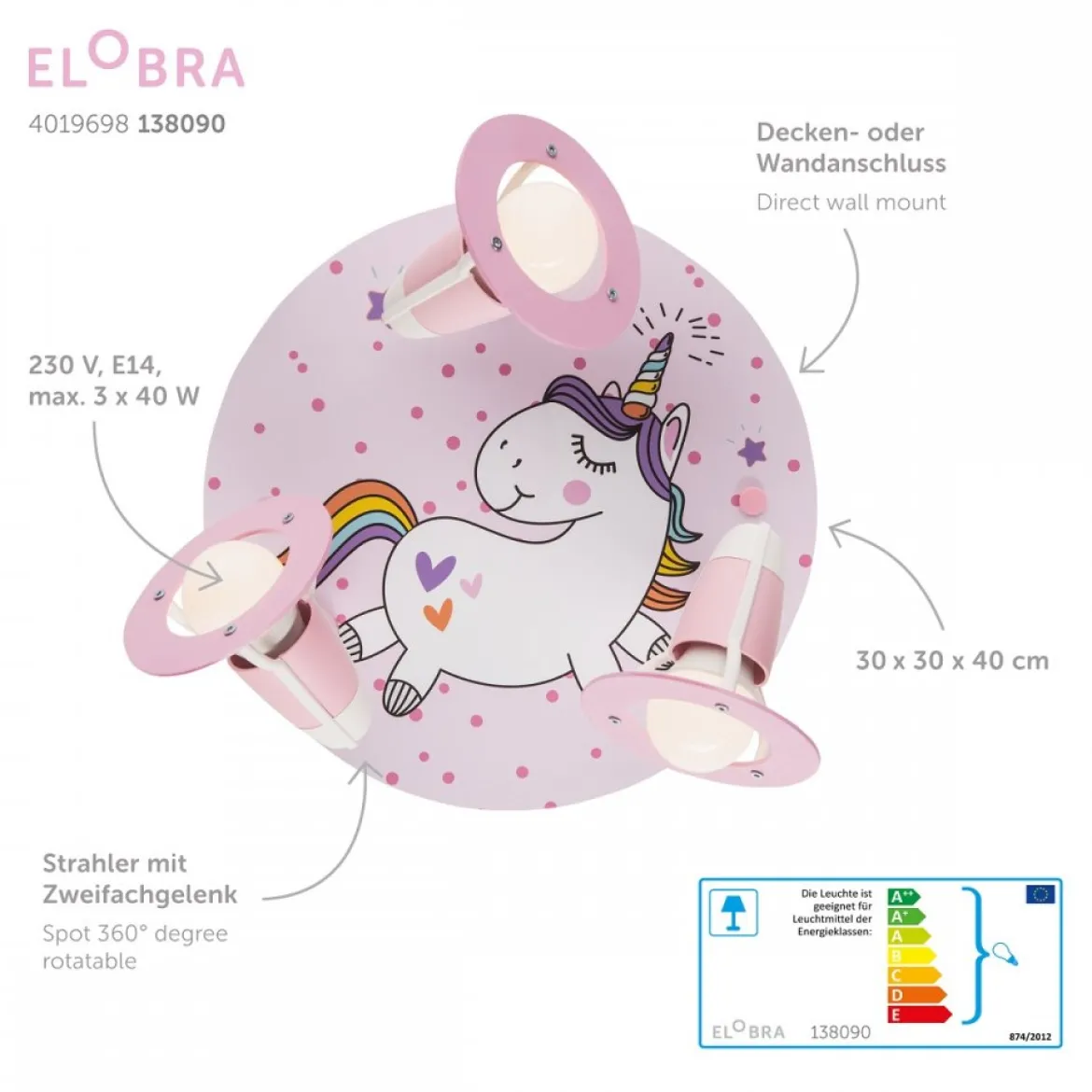 Elobra No. 138090 Deckenleuchte Rondell Einhorn Babsy 3-flamming rosa