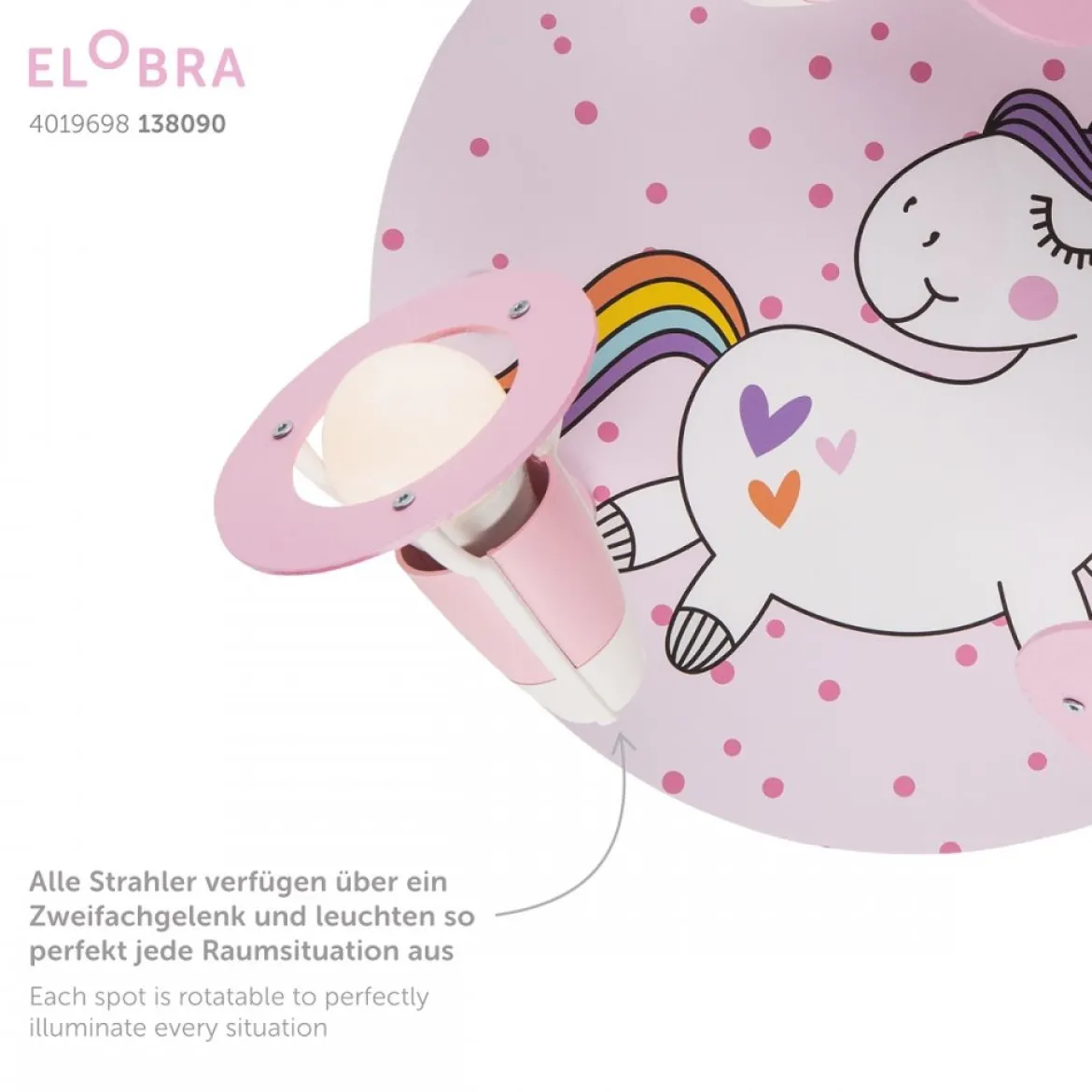Elobra No. 138090 Deckenleuchte Rondell Einhorn Babsy 3-flamming rosa