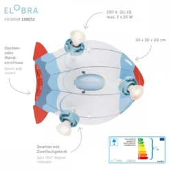 Elobra No. 138052 Deckenleuchte Rondell Luftschiff 3-flammig Blau