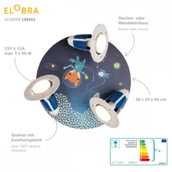 Elobra No. 138403 Deckenleuchte Rondell Little Astronauts Space Mission 3-flammig Blau