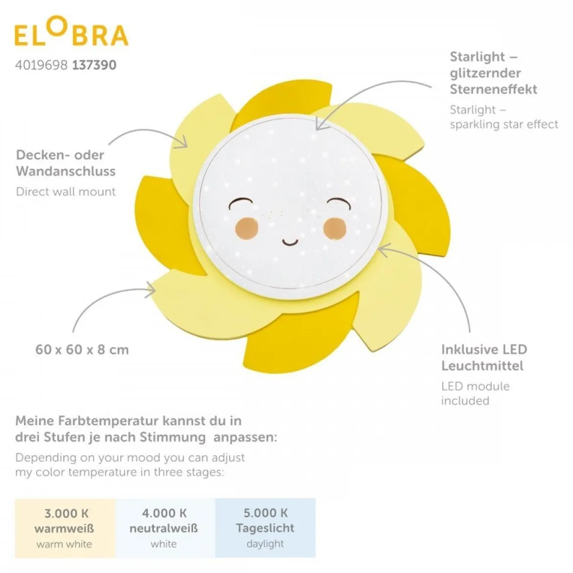 Elobra No. 137390 Deckenleuchte Sonne Siri Starlight Smile gelb weiß