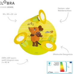 Elobra No. 140406 Wand- und Deckenleuchte Die Maus 3-flammig  E14 grün gelb