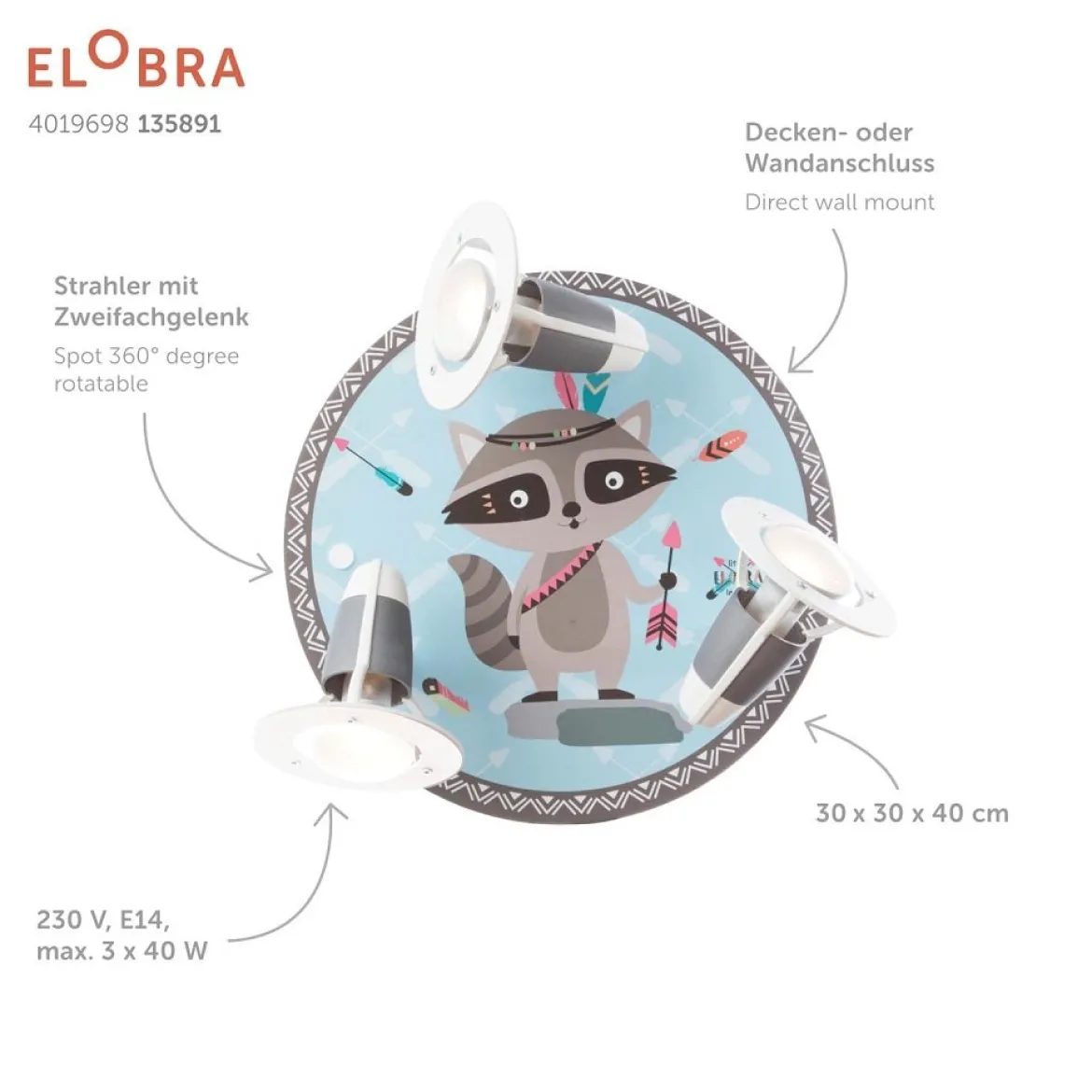 Elobra 135891 Spot Rondell Waschbär Oskar 3-flammig blau braun E14