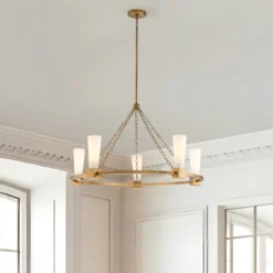Elstead Lighting Kristy Kronleuchter 5-flammig Antik Gold Opalglas