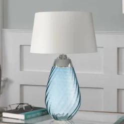 Elstead Lighting Lena Tischleuchte Large 2-Light Blau Nickel Stoffschirm Altweiß 74cm