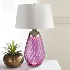 Elstead Lighting Lena Tischleuchte Large 2-Light Pflaume Nickel Stoffschirm Kaltweiß 74cm
