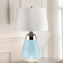 Elstead Lighting Lena Tischleuchte Small 2-Light Blau Nickel Stoffschirm Altweiß 61cm