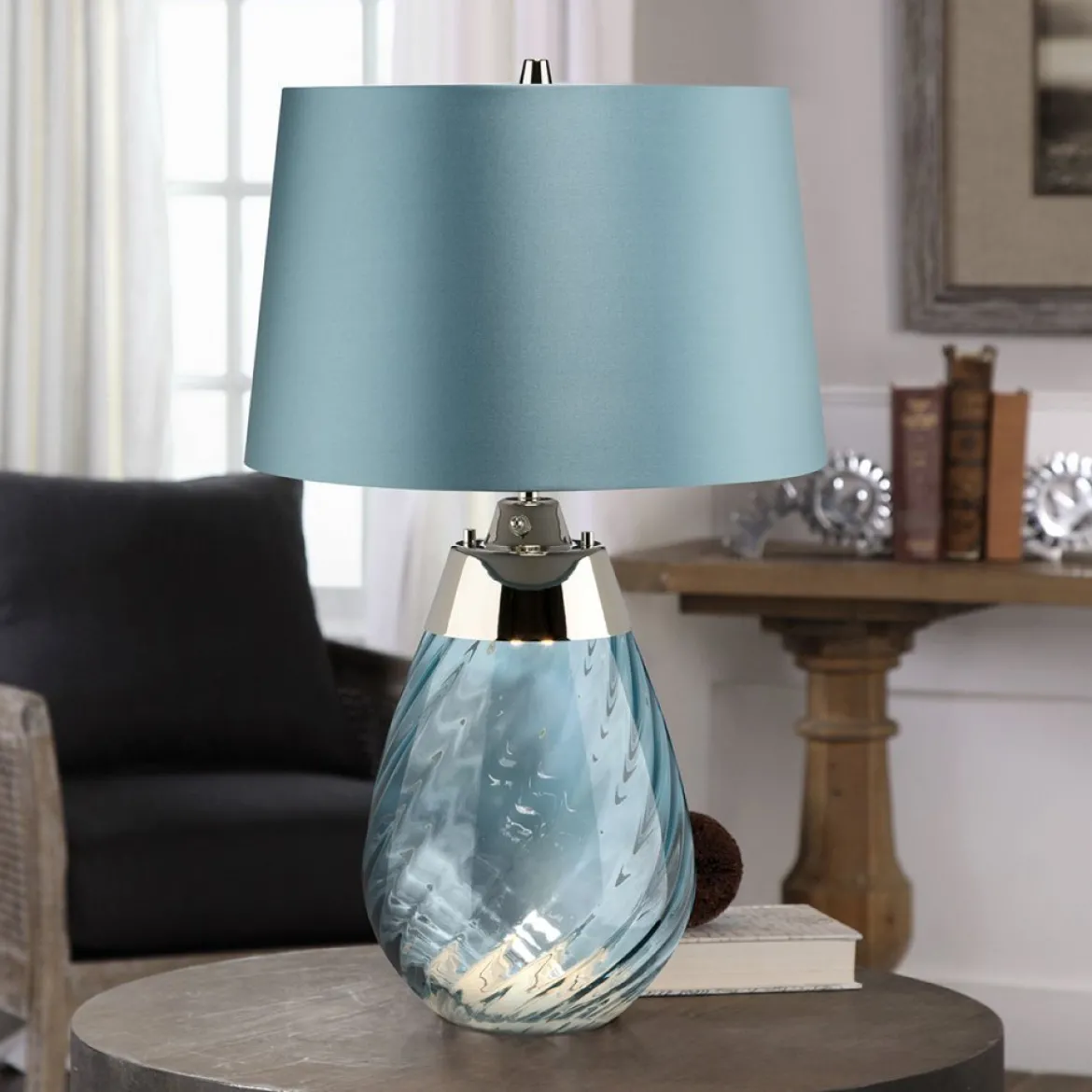 Elstead Lighting Lena Tischleuchte Small 2-Light Blau Nickel Stoffschirm Blau 61cm