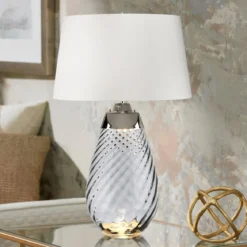 Elstead Lighting Lena Tischleuchte Large 2-Light Rauchglas Nickel Stoffschirm Altweiß 74cm