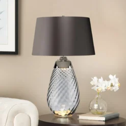 Elstead Lighting Lena Tischleuchte Large 2-Light Rauchglas Nickel Stoffschirm Grau 74cm