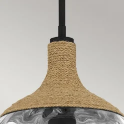 Elstead Lighting Royer Pendelleuchte Schwarz Schirm Glas Naturseil
