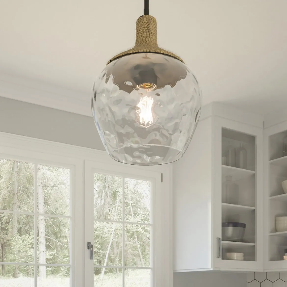 Elstead Lighting Royer Pendelleuchte Schwarz Schirm Glas Naturseil