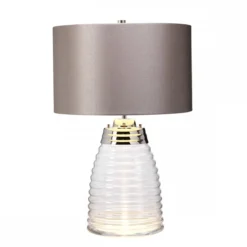 Elstead Milne Tischlampe Glas klar Satinschirm Grau