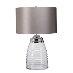 Elstead Milne Tischlampe Glas klar Satinschirm Grau