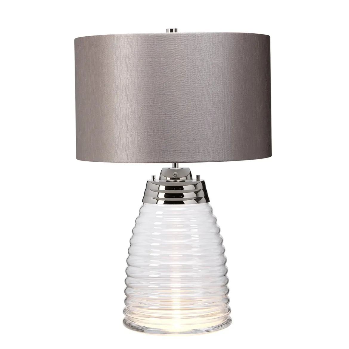 Elstead Milne Tischlampe Glas klar Satinschirm Grau