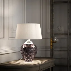 Elstead Samara Tischlampe klein Pflaume Schirm silberfarben 72cm