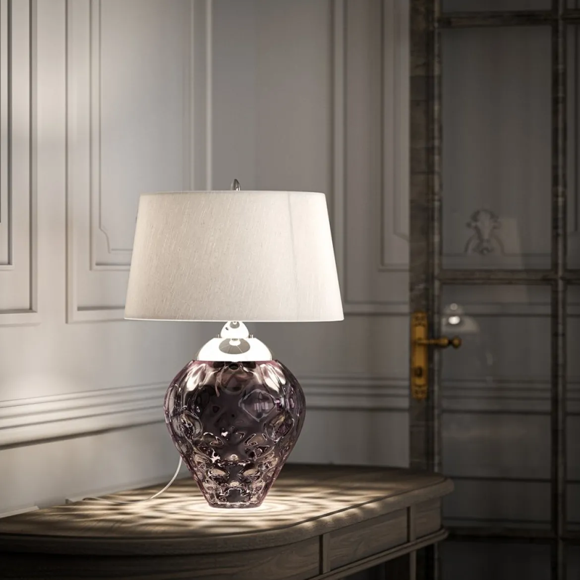 Elstead Samara Tischlampe klein Pflaume Schirm silberfarben 72cm