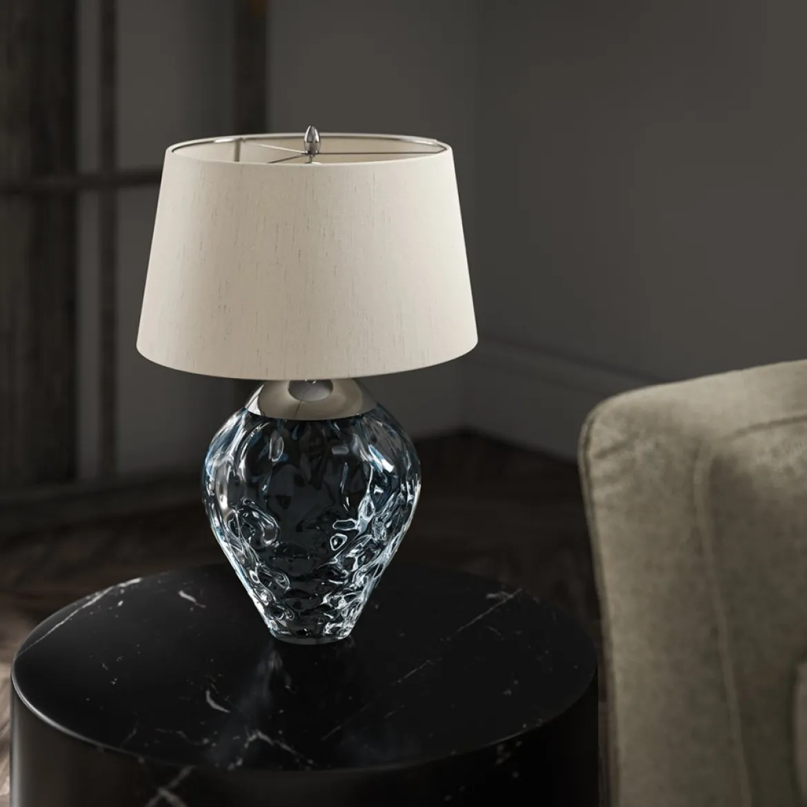 Elstead Samara Tischlampe klein hellblau Stoffschirm taupe 72cm