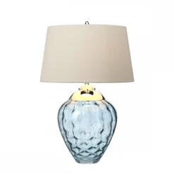 Elstead Samara Tischlampe klein hellblau Stoffschirm taupe 72cm