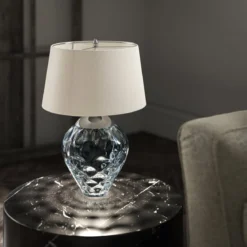 Elstead Samara Tischlampe klein hellblau Stoffschirm taupe 72cm