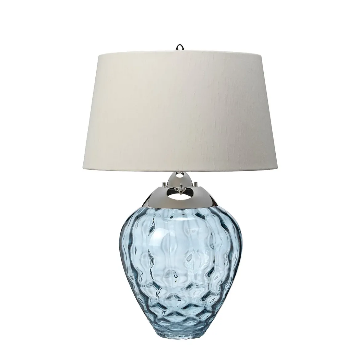 Elstead Samara Tischlampe klein hellblau Stoffschirm taupe 72cm