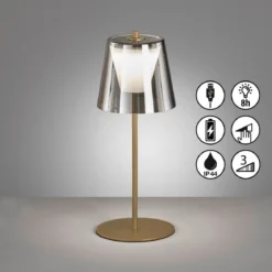 FHL easy 850288 LED Akku Tischleuchte Marbella goldfarben rauchglas IP44