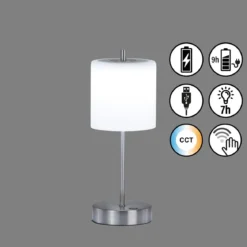 FHL easy 850348 LED Akku Tischleuchte Riva nickelfarben Glas opal matt CCT