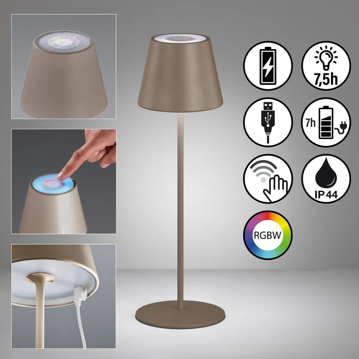FHL easy 850353 LED Akku Tischleuchte Cosenza grau-braun RGBW