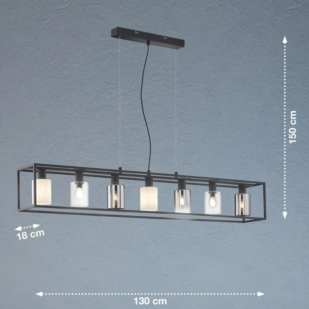 Fischer & Honsel 60909 Pendelleuchte Iska 7-flammig schwarz Glas rauchfarben klar