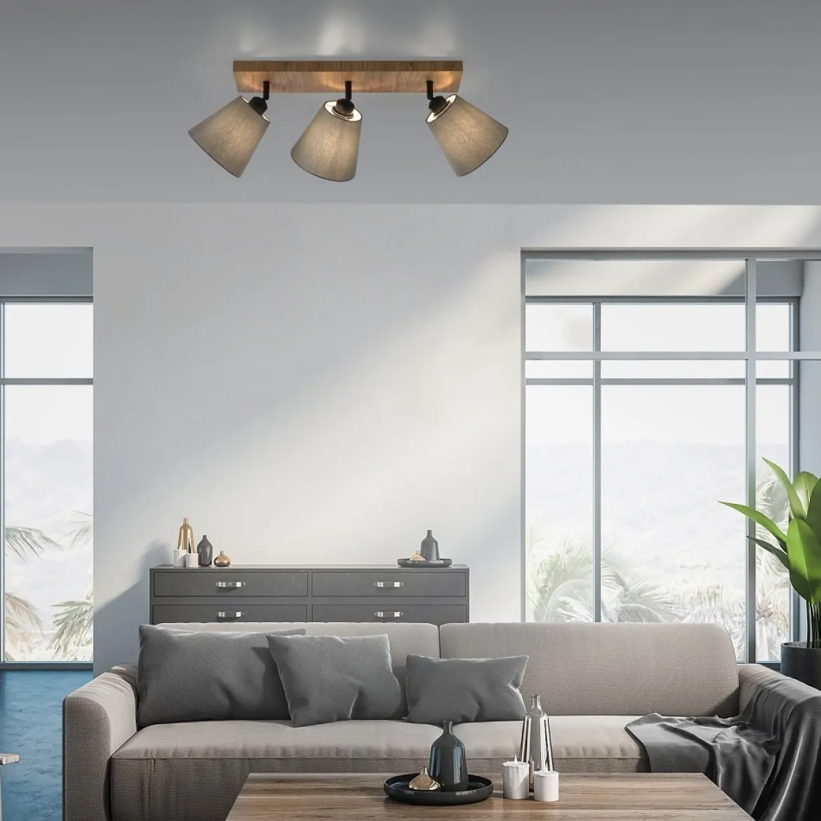 JUST LIGHT 11582-79 Deckenleuchte Green Michel 3-flammig Eiche Stoffschirme Grau