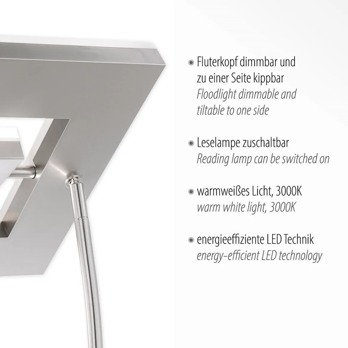 JUST LIGHT 11776-55 HELIA LED Stehleuchte eckig mit Lesearm 3000K dimmbar stahlarben