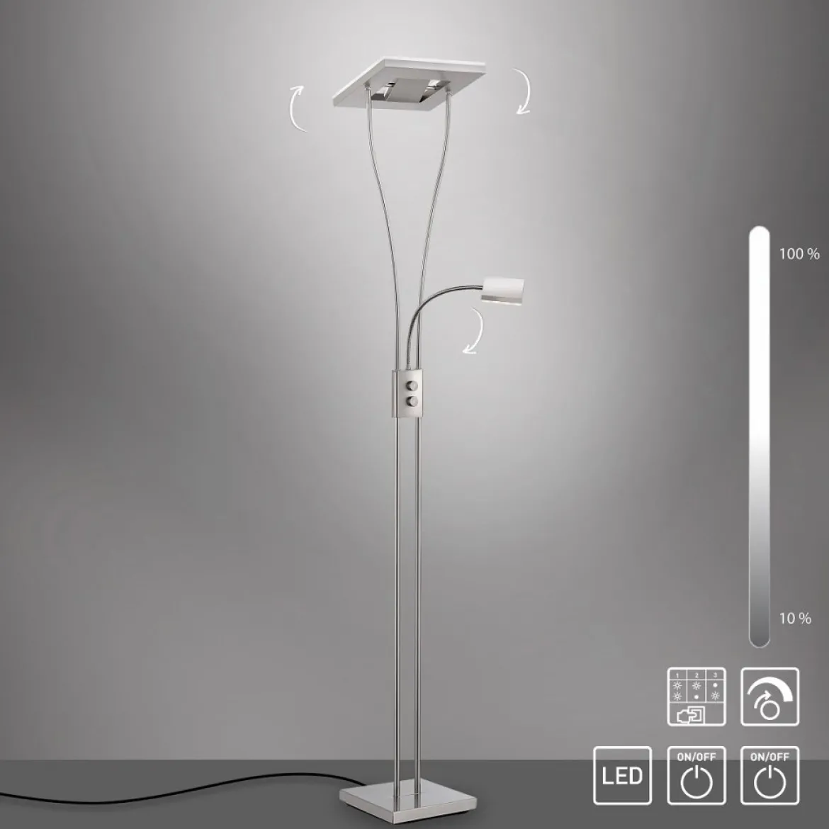 JUST LIGHT 11776-55 HELIA LED Stehleuchte eckig mit Lesearm 3000K dimmbar stahlarben