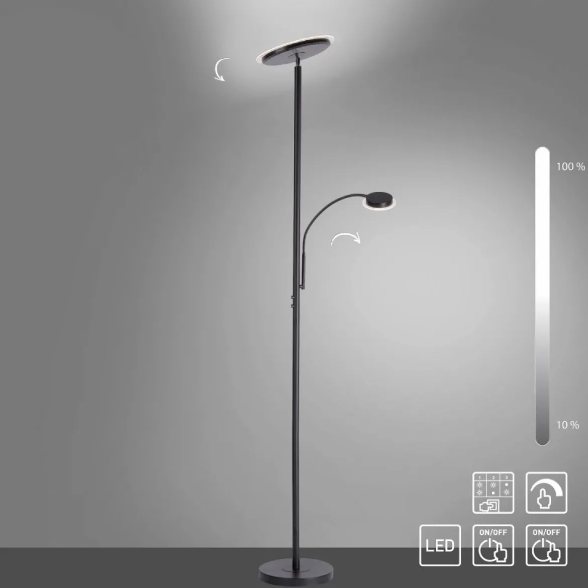 JUST LIGHT 11709-18 LED Stehleuchte Hans mit Lesearm 3000K dimmbar Schwarz