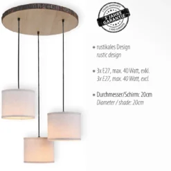 JUST LIGHT 11236-79 Pendelleuchte rund 3-flammig Holzdekor Stoffschirme E27