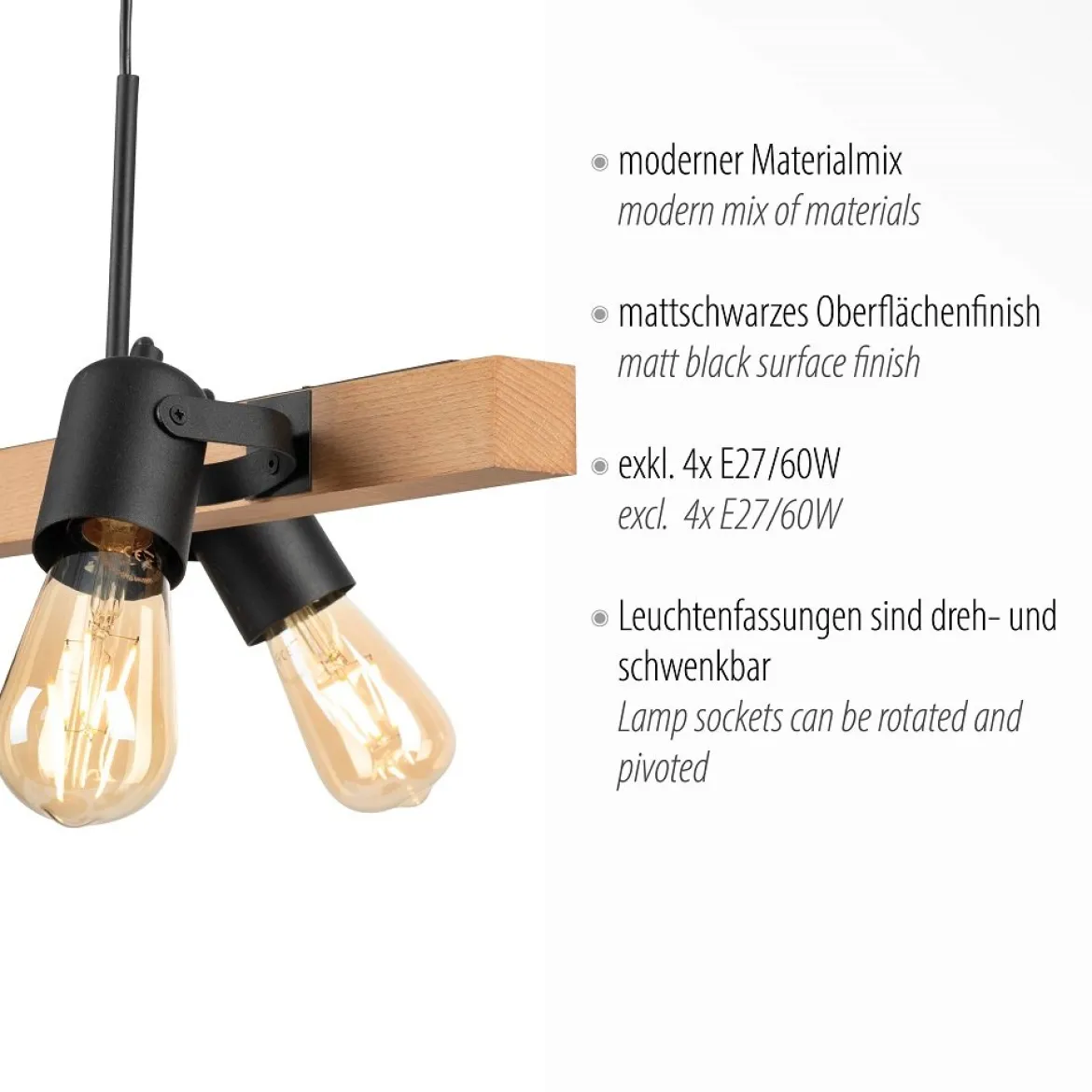 Leuchten Direkt 15630-18 CANOP Pendelleuchte 4-flammig Schwarz Holz
