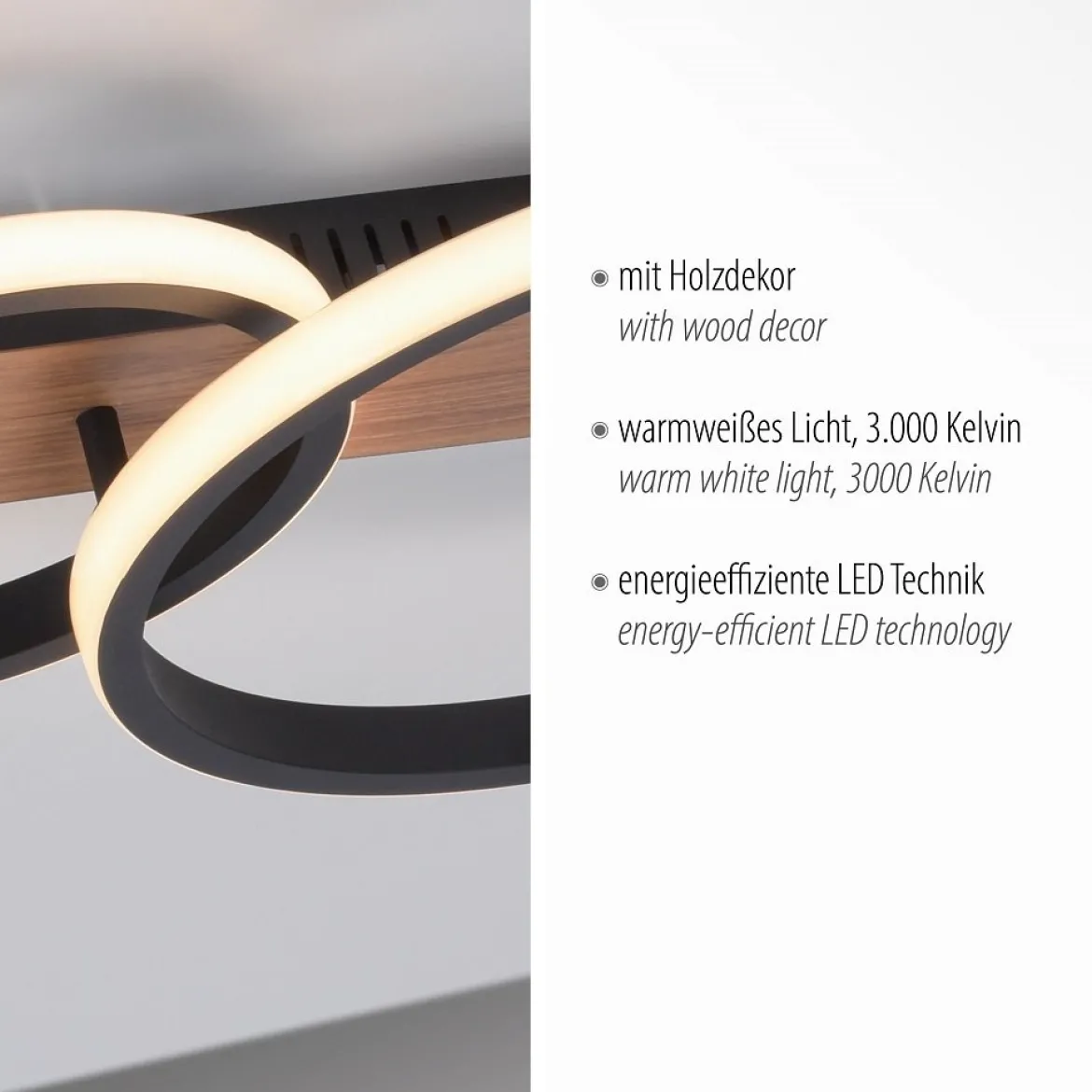 Leuchten Direkt 15615-78 TROOPER LED Deckenleuchte 2 Ringe mit Holzdekor