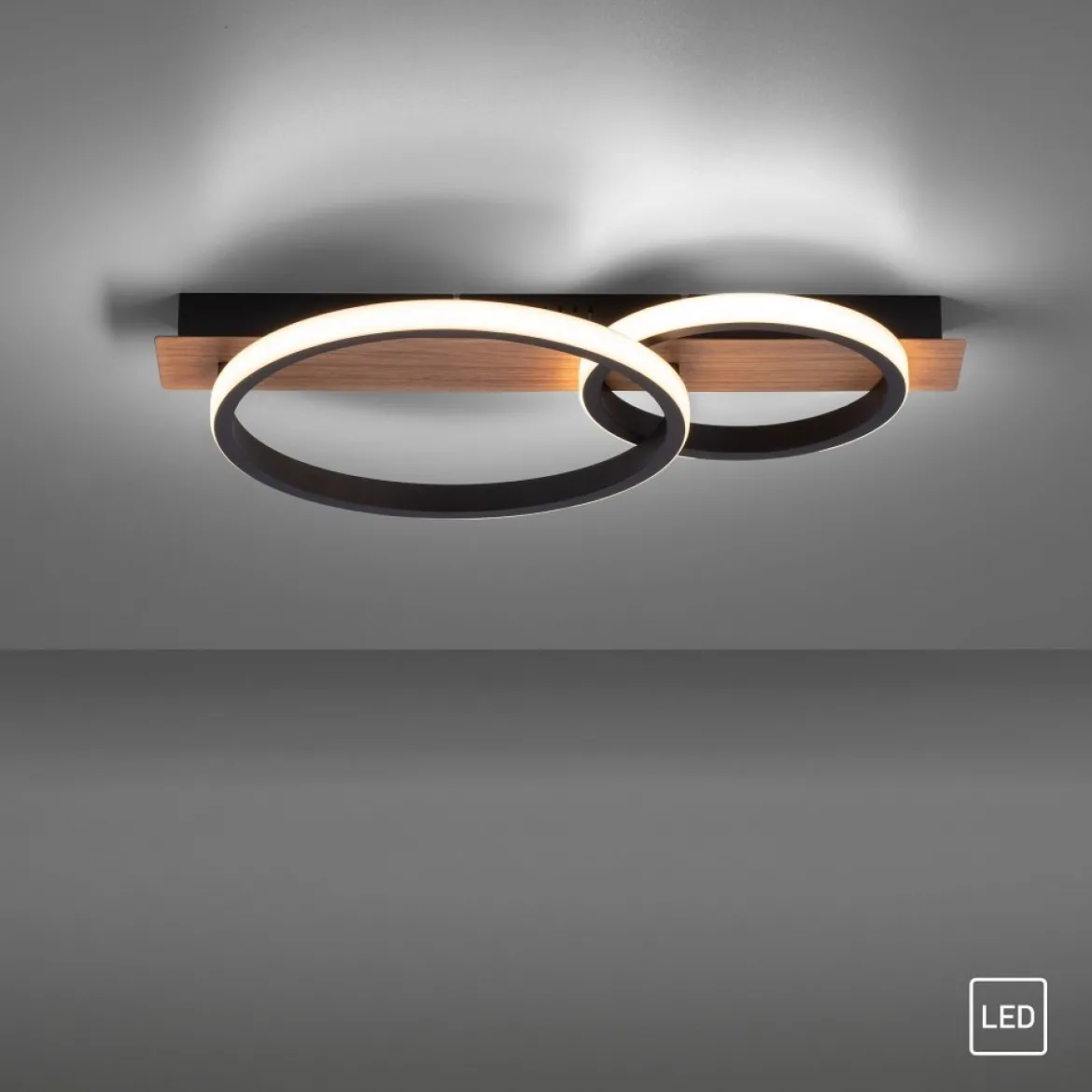 Leuchten Direkt 15615-78 TROOPER LED Deckenleuchte 2 Ringe mit Holzdekor