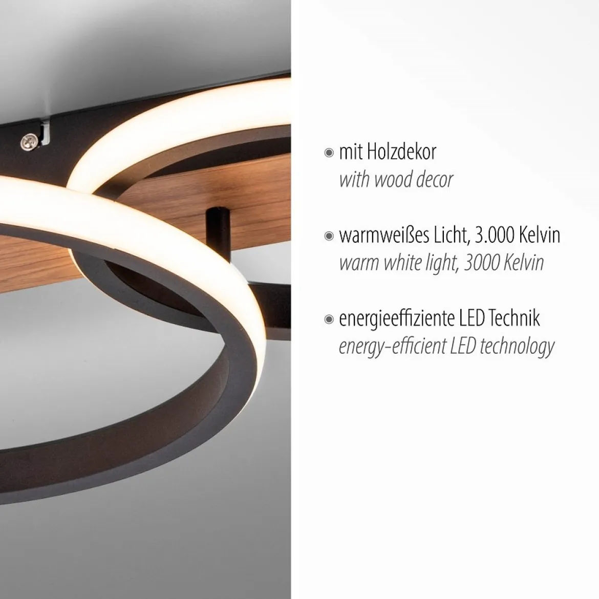 Leuchten Direkt 15616-78 TROOPER LED Deckenleuchte 3 Ringe mit Holzdekor