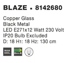 Nova Luce 8142680 BLAZE E27 Pendelleuchte 1-flammig Schwarz Kupfer