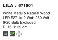 Nova Luce 671601 LILA E27 Tischleuchte Weiss Naturholz