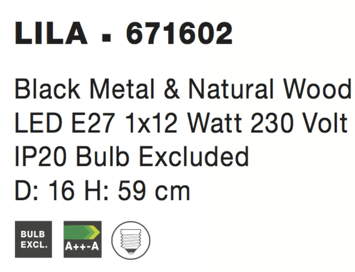 Nova Luce 671602 LILA E27 Tischleuchte Schwarz Naturholz