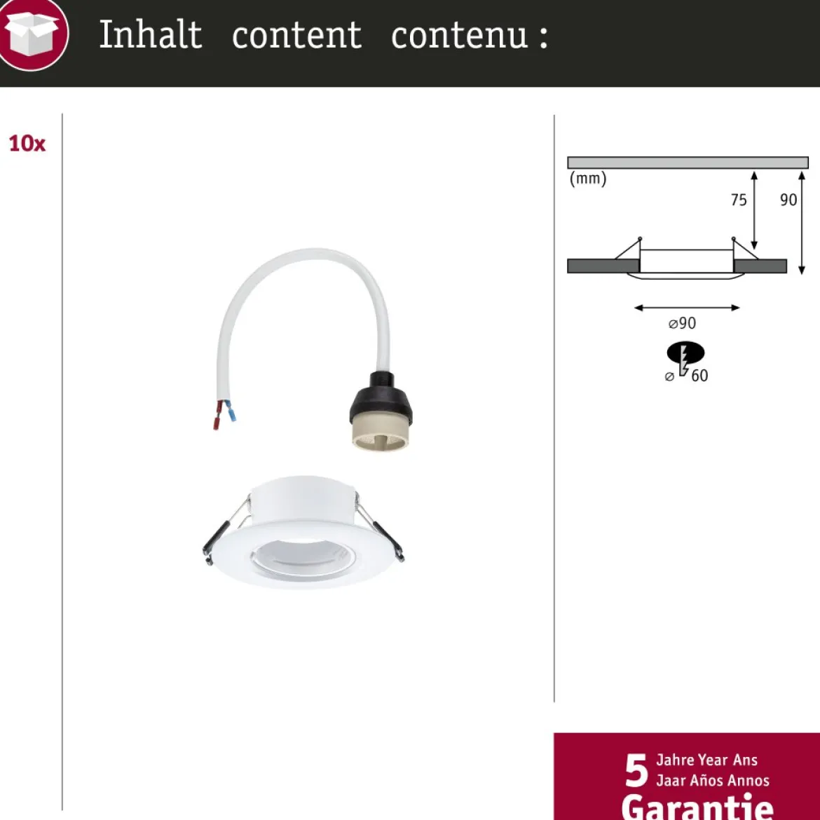 Paulmann 92118 Einbauleuchte rund 90mm 10er-Set Weiß starr