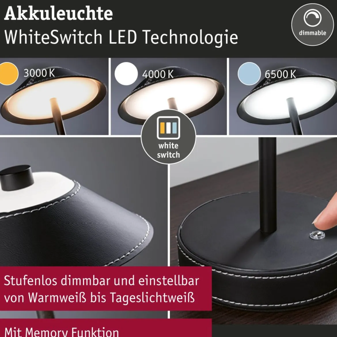 Paulmann 71173 LED Akkuleuchte Pellini 33cm White Switch dimmbar schwarz
