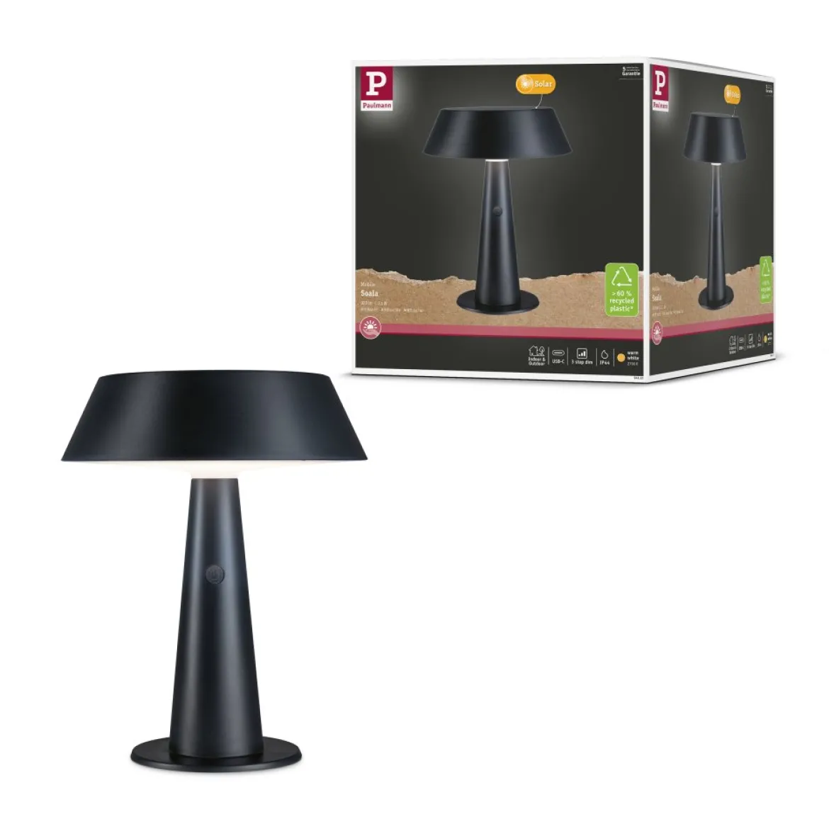 Paulmann 94612 LED Akku Tischleuchte Soala Solar 2700K IP44 dimmbar Anthrazit