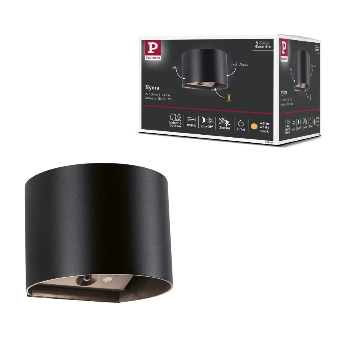 Paulmann 71284 LED Akku Wandleuchte Nyora rund IP44 3000K schwarz Bewegungsmelder