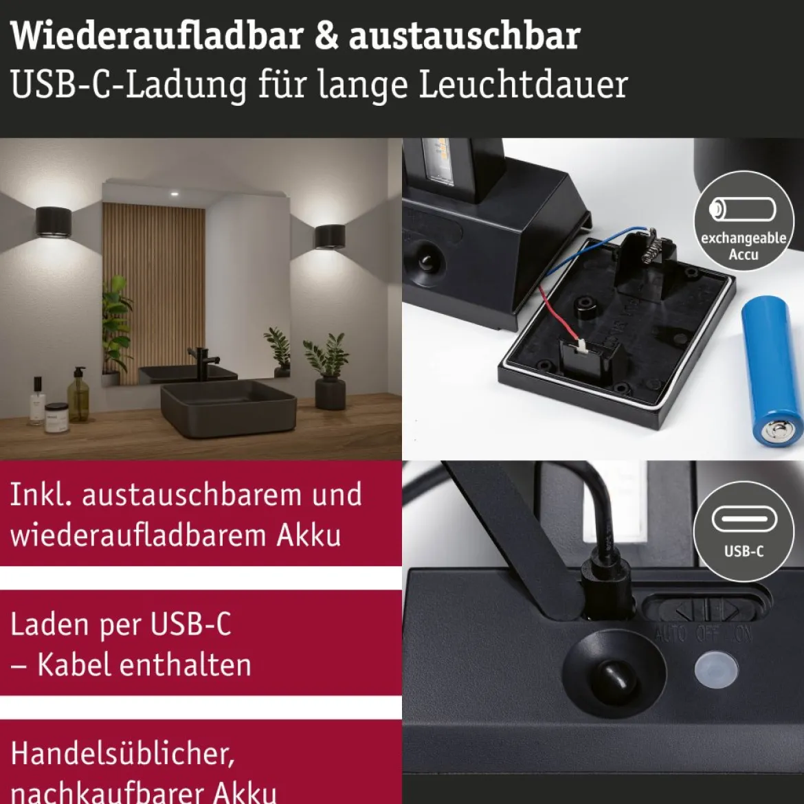 Paulmann 71284 LED Akku Wandleuchte Nyora rund IP44 3000K schwarz Bewegungsmelder