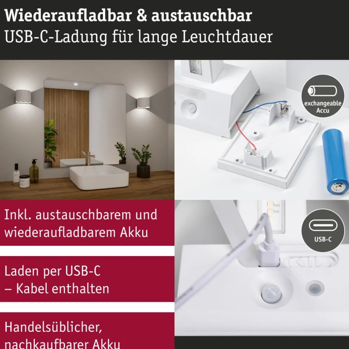 Paulmann 71285 LED Akku Wandleuchte Nyora rund IP44 3000K weiß Bewegungsmelder